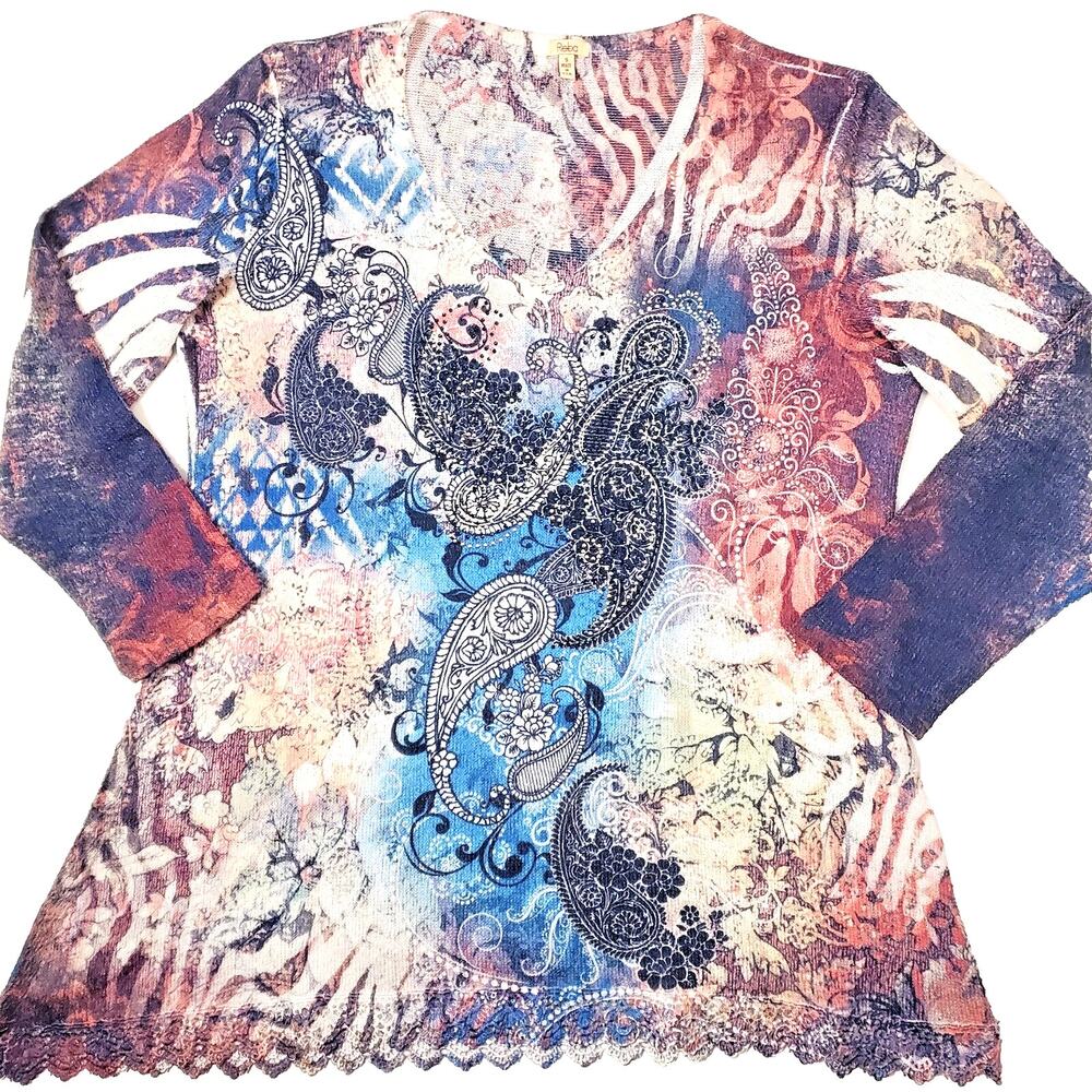 Y2k Reba Top S Lace Embellished 3/4 Sleeve Fairy Sweater Shirt Womens Size Vtg